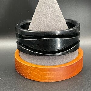Vintage Carved Lucite Western Germany Black Bangle Bracelet